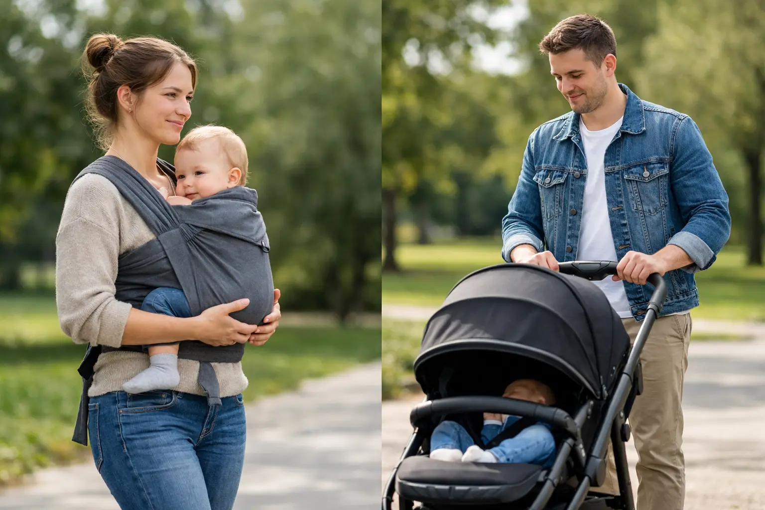 Tragehilfe vs Kinderwagen im Alltag